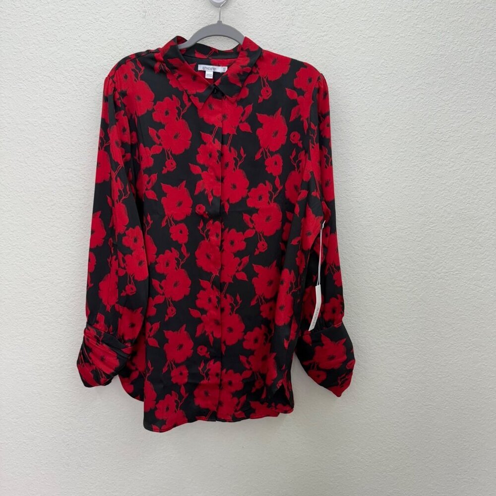 Chicos Florence Mirage Black Red Floral Button Tunic Shirt Women sz 18 (3.5) NEW